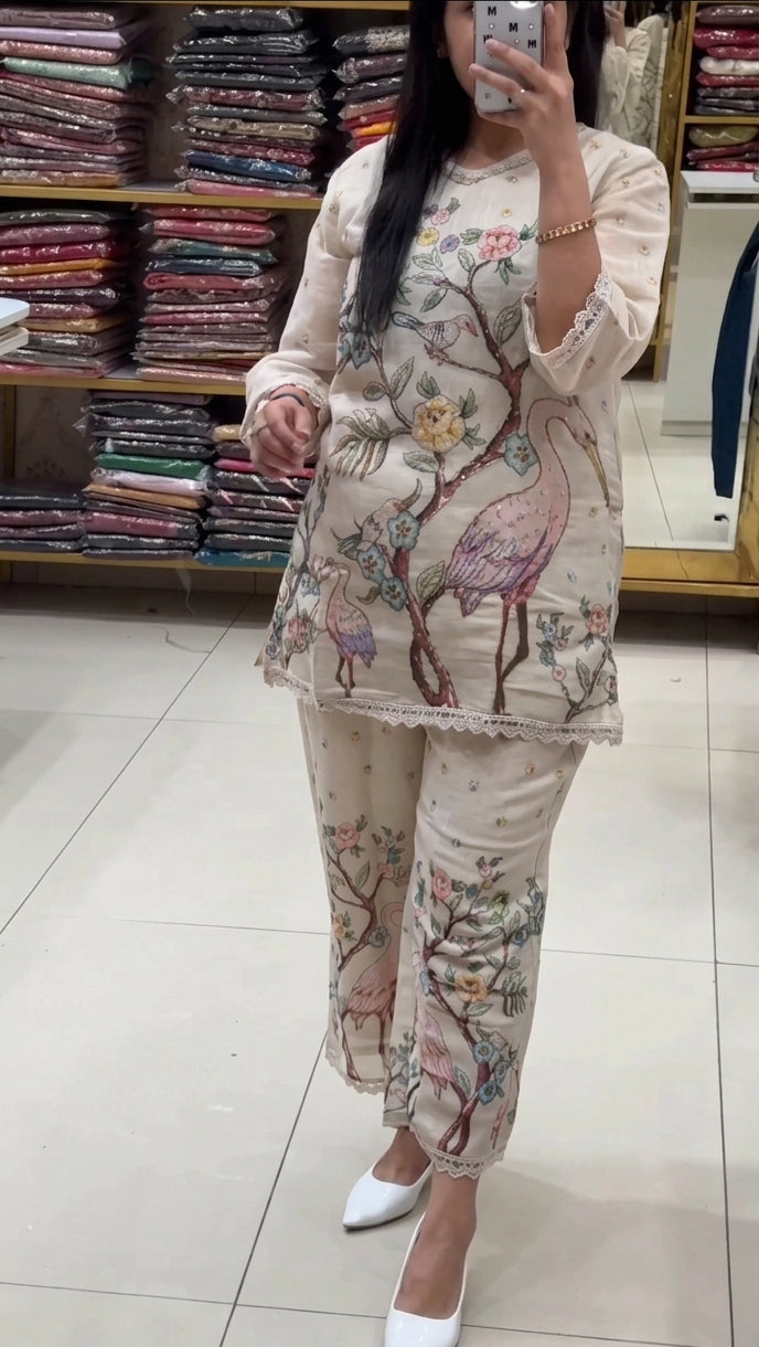 Rajhansh fancy Aari Thread Work with Print cotton coords set