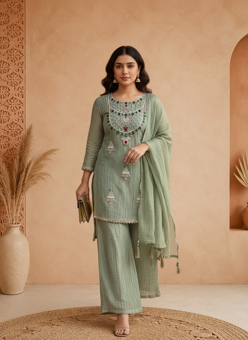 Heavy Kundan Neckline Salsa Tissue Indo-Western Suit Set