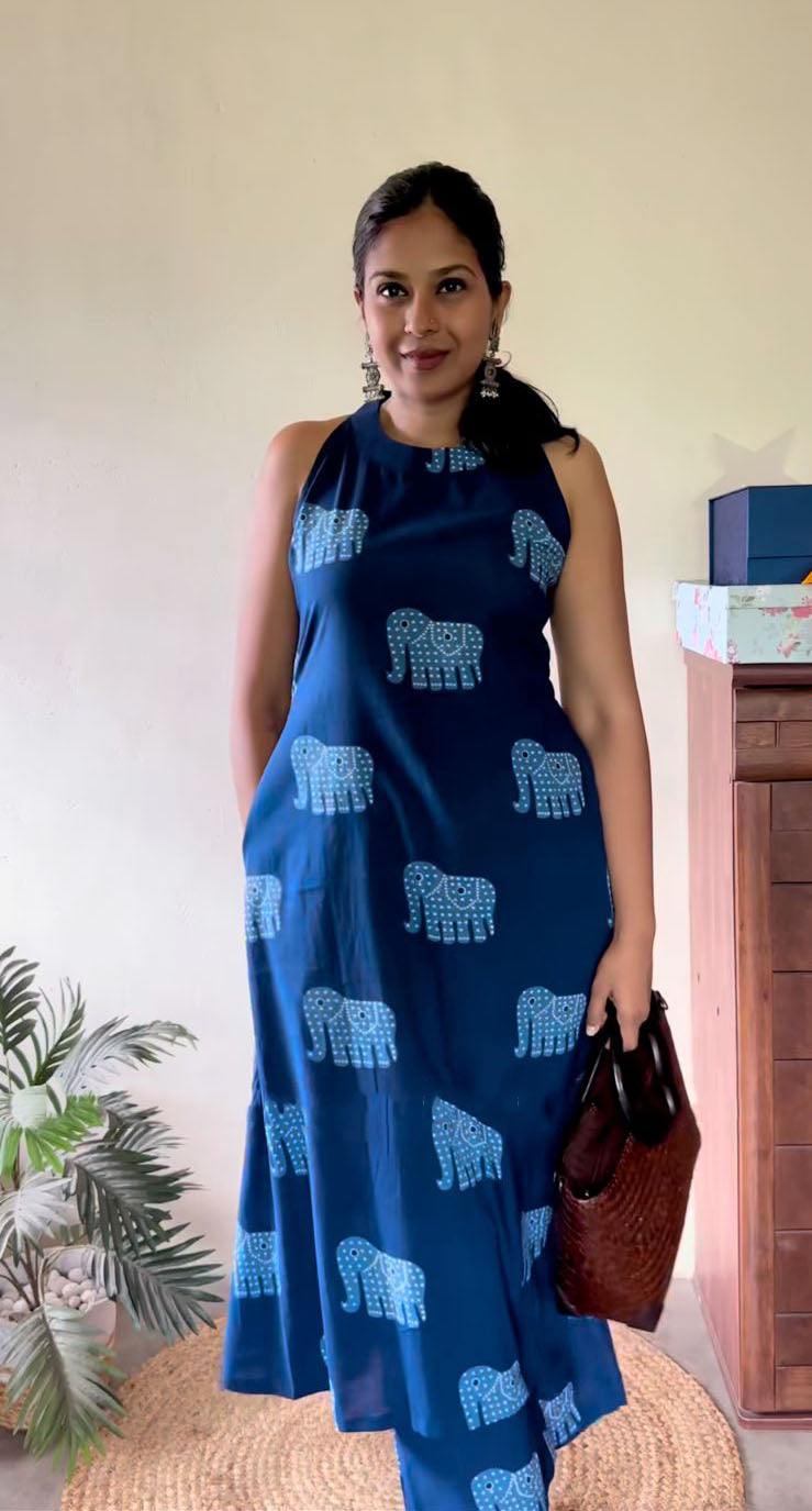 Indigo Motif Print A-Line Kurta Set for Women