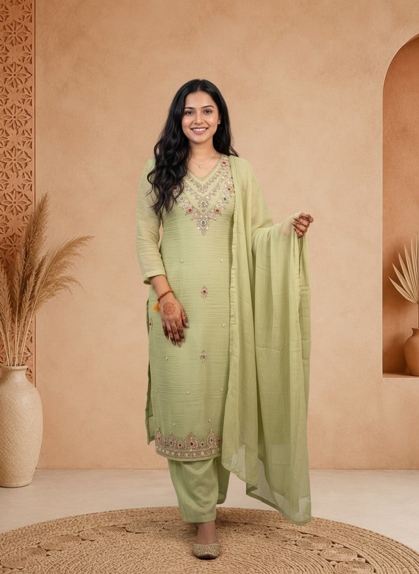 Mirali Light Green Embroidered Kurta Set with Dupatta