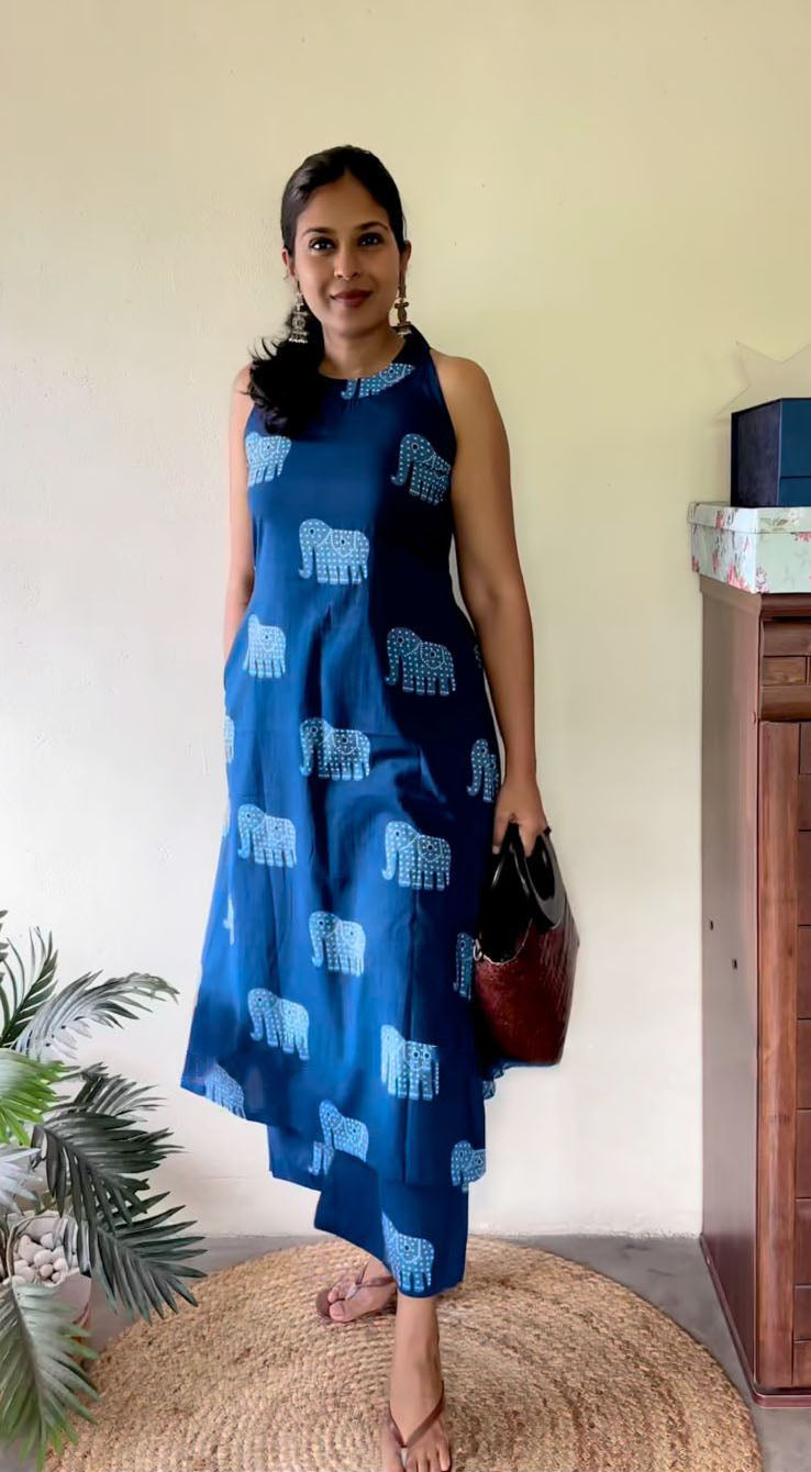 Indigo Motif Print A-Line Kurta Set for Women