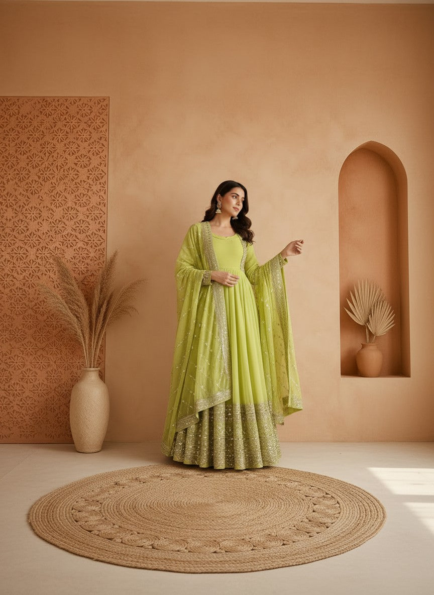 Pista Green Fox Georgette Gown with Heavy Sequin Embroidery & Dupatta.