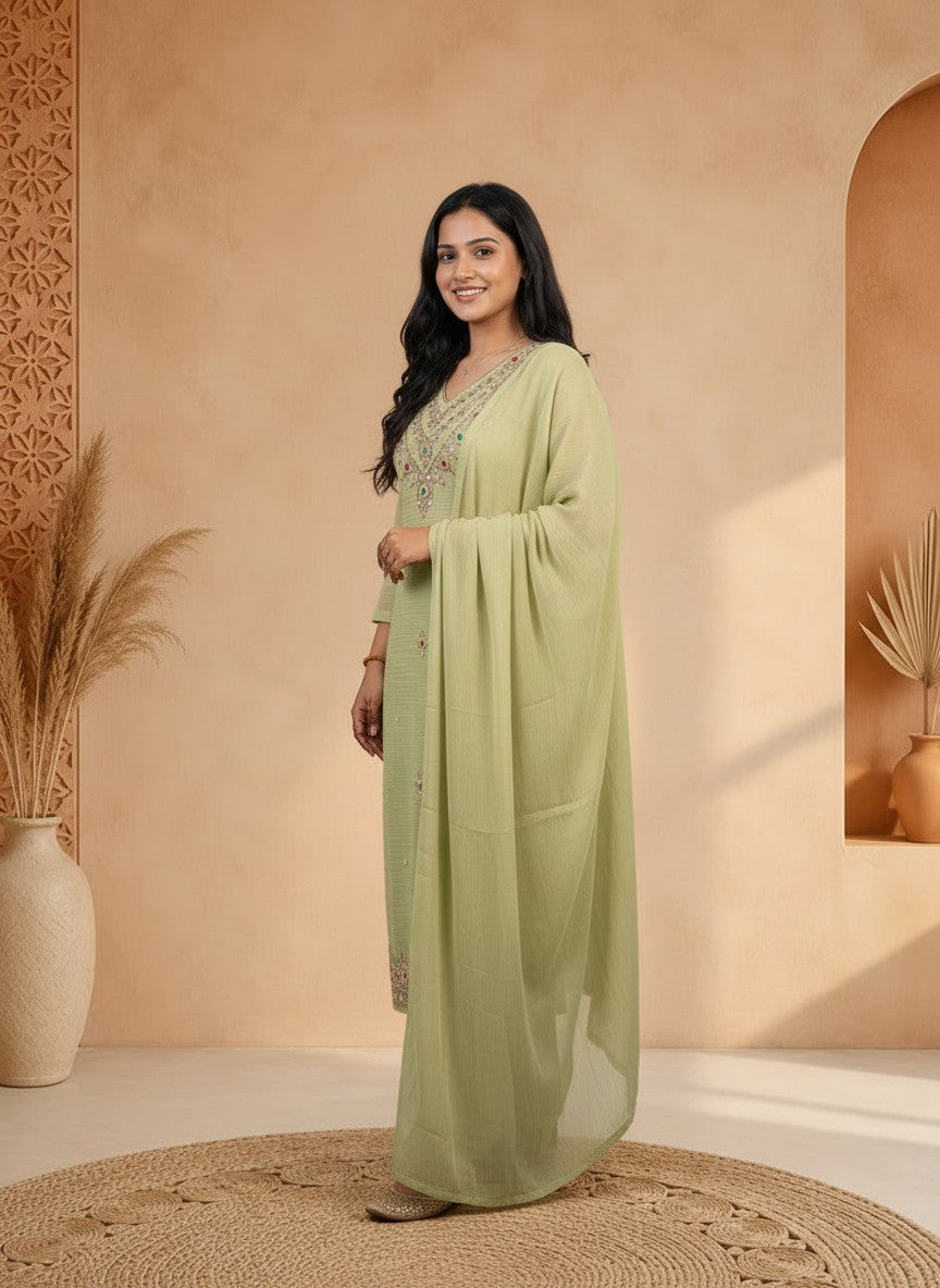 Mirali Light Green Embroidered Kurta Set with Dupatta