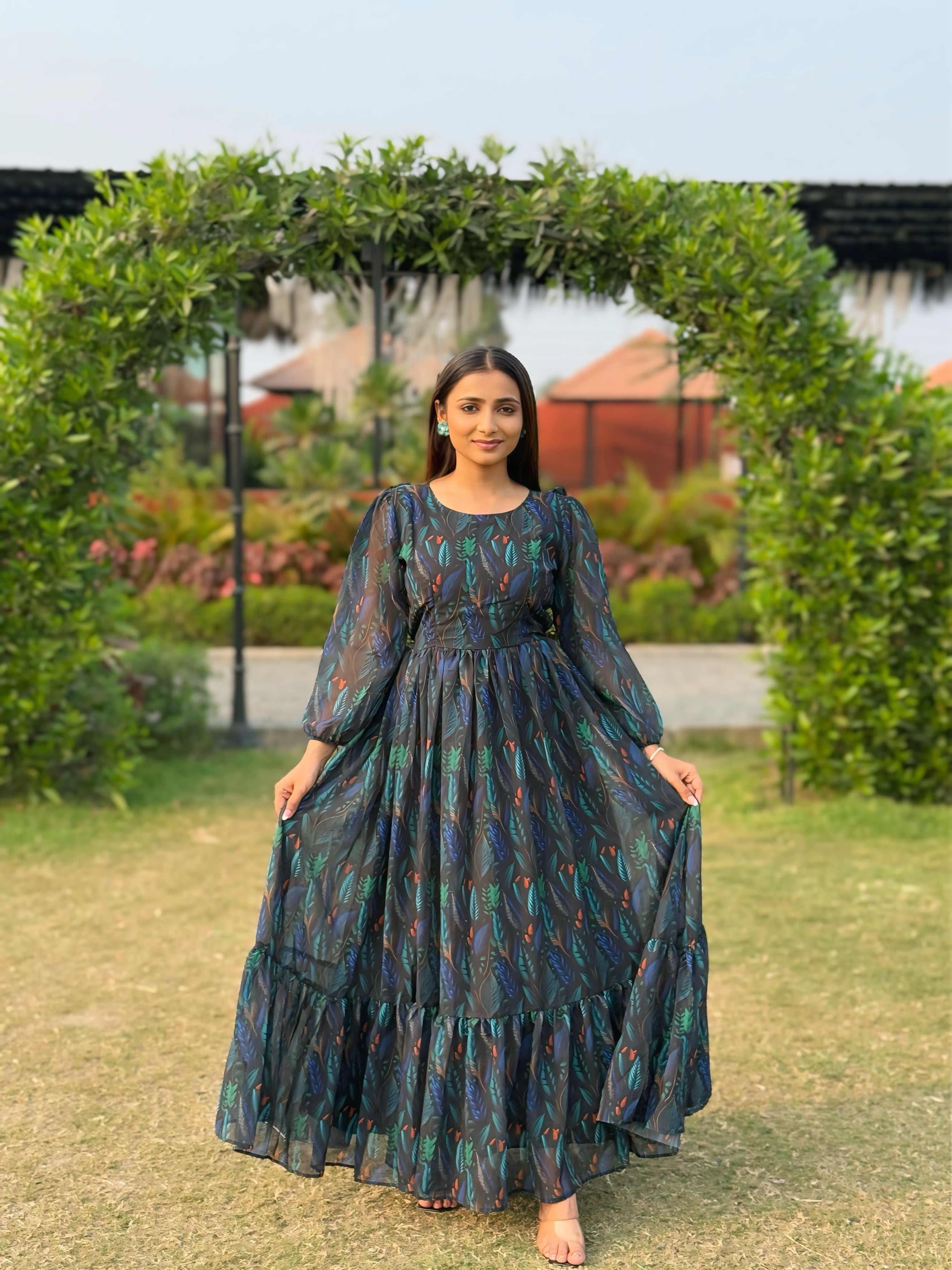 Kudbi Belisha Black Floral Stylish Print Gown For Women.