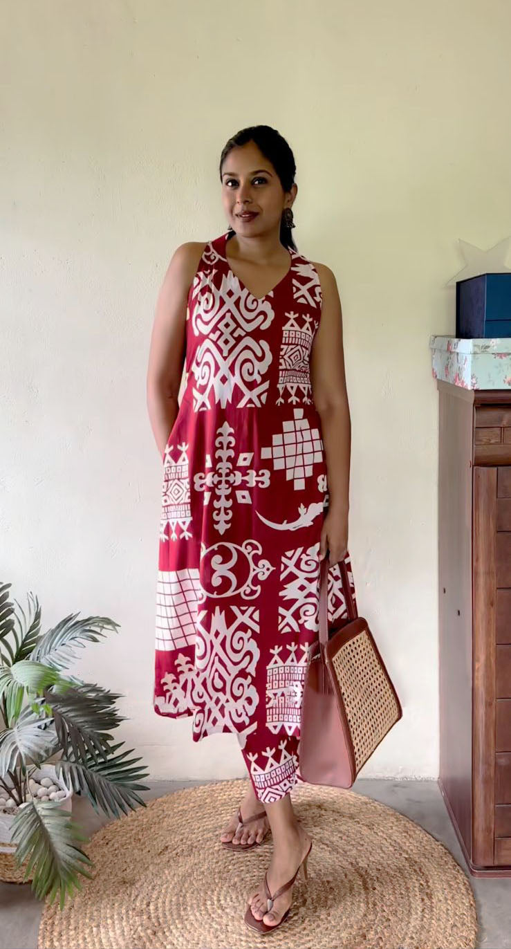 Indigo Motif Print A-Line Kurta Set for Women