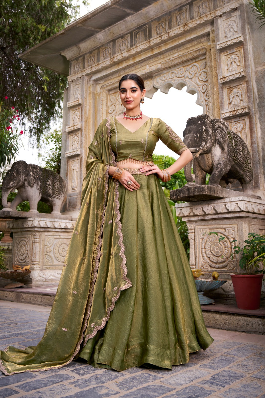 Kudbi Dreamy Pastel Fendi Lehenga Choli Set with Gold Lace and Dupatta