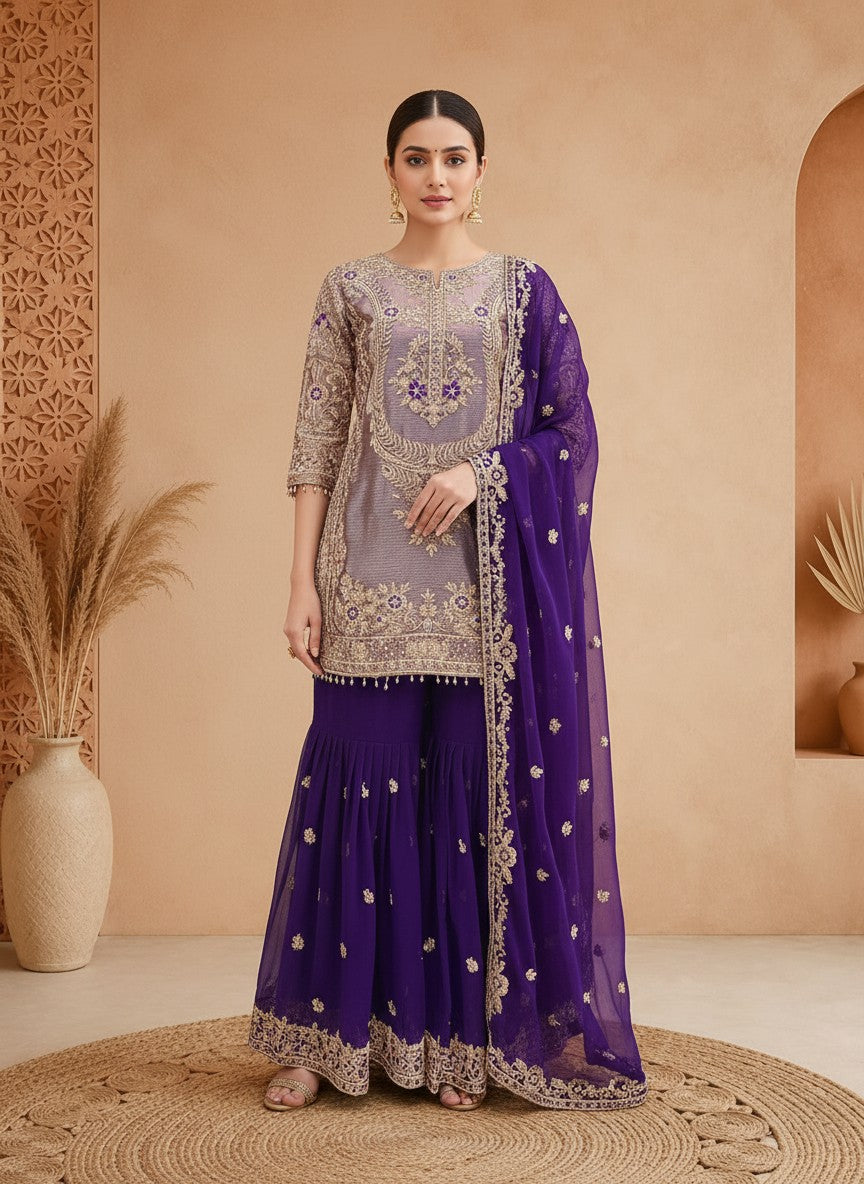 Aashiya Purple Embroidered Sharara Suit with Dupatta