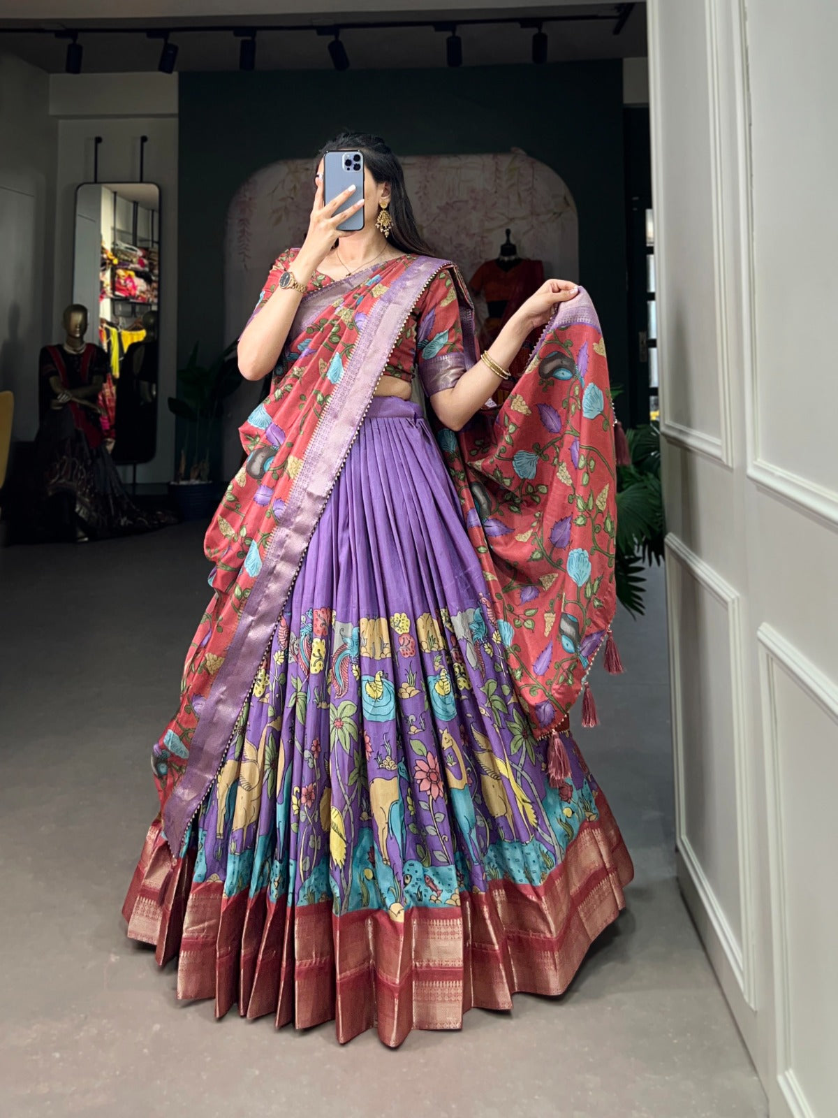 Kudbi's Style Akanksha Kalamkari Dola silk lengha Choli(semi-stitched).