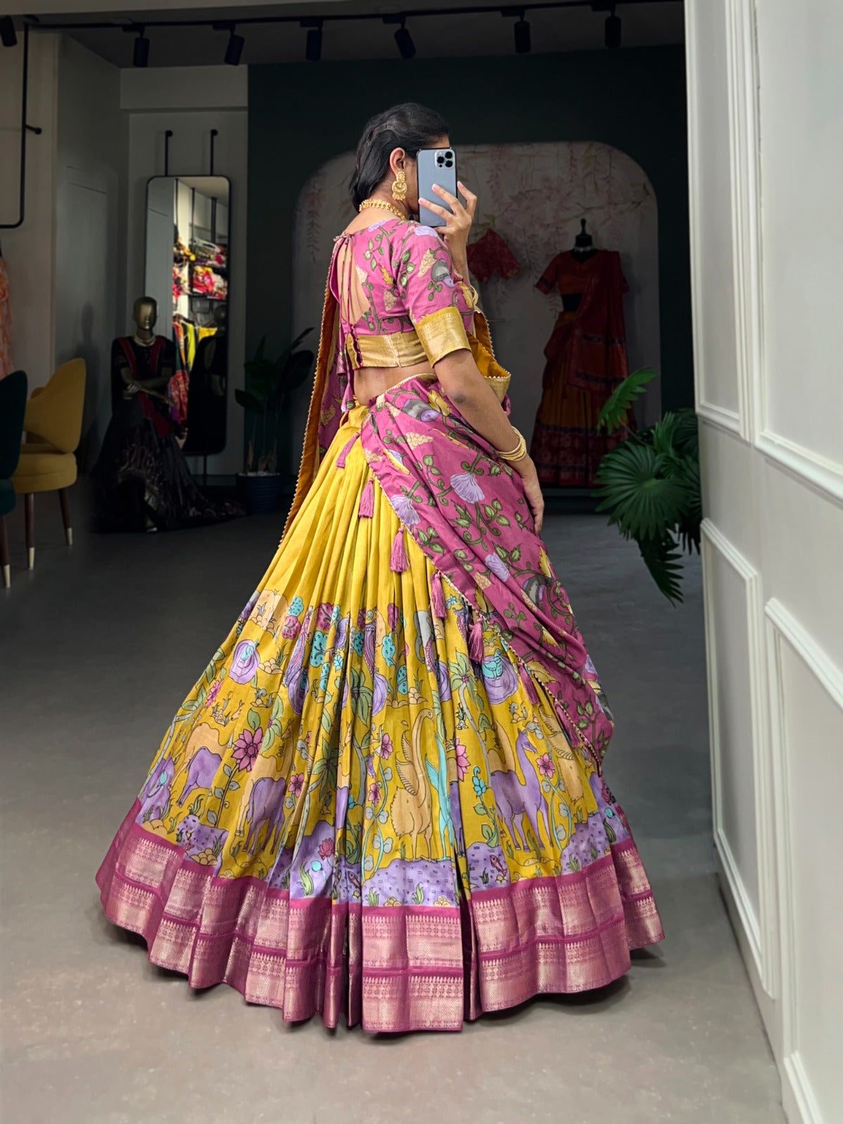 Kudbi's Style Akanksha Kalamkari Dola silk lengha Choli(semi-stitched).