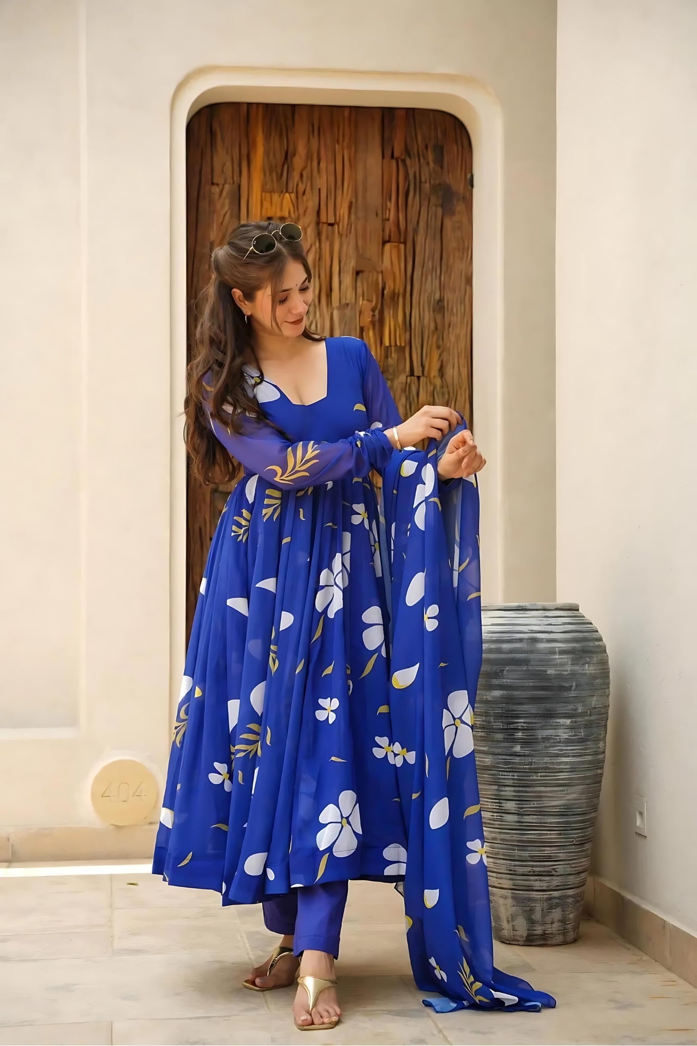 Kudbi's Flower Anarkali Suit With Dupatta Set.