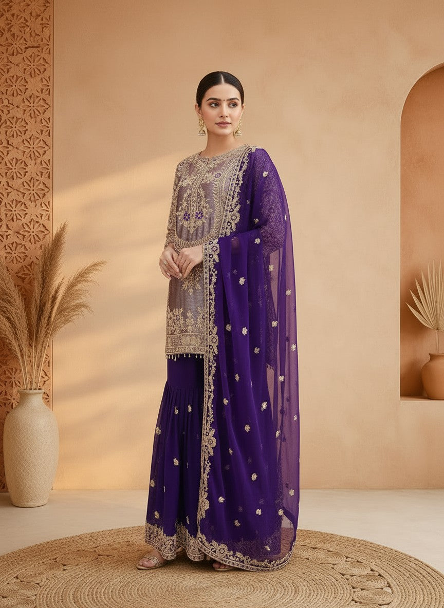 Aashiya Purple Embroidered Sharara Suit with Dupatta