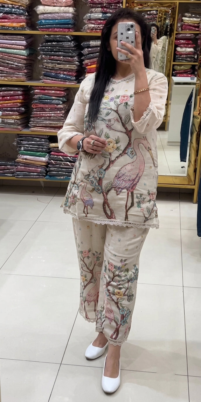 Rajhansh fancy Aari Thread Work with Print cotton coords set