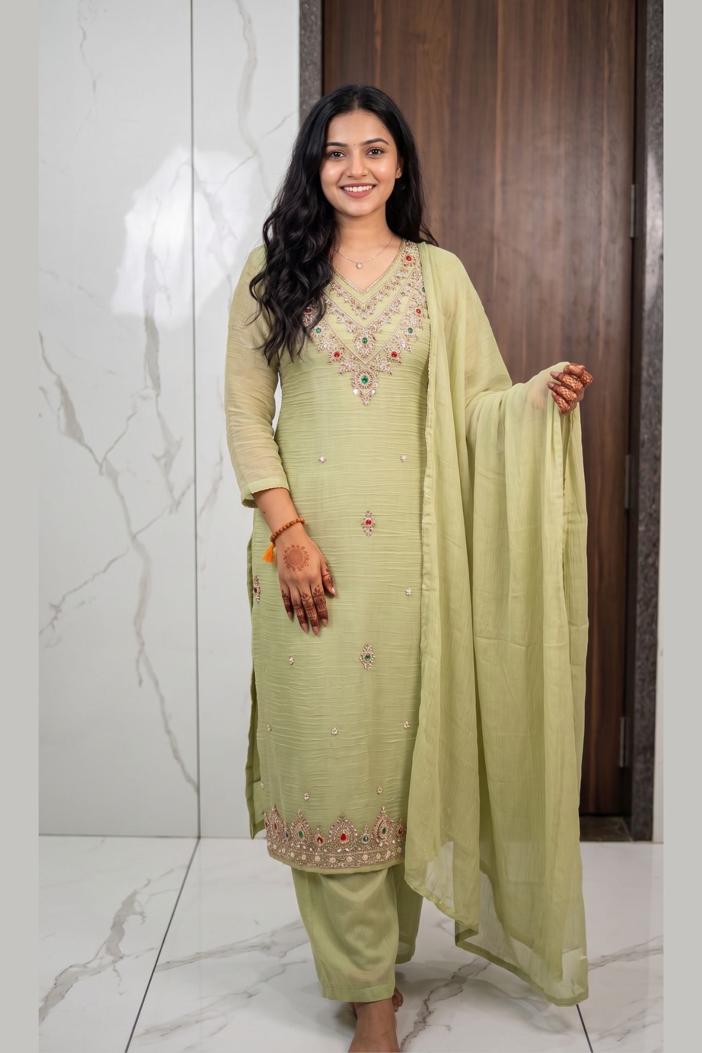 Mirali Light Green Embroidered Kurta Set with Dupatta
