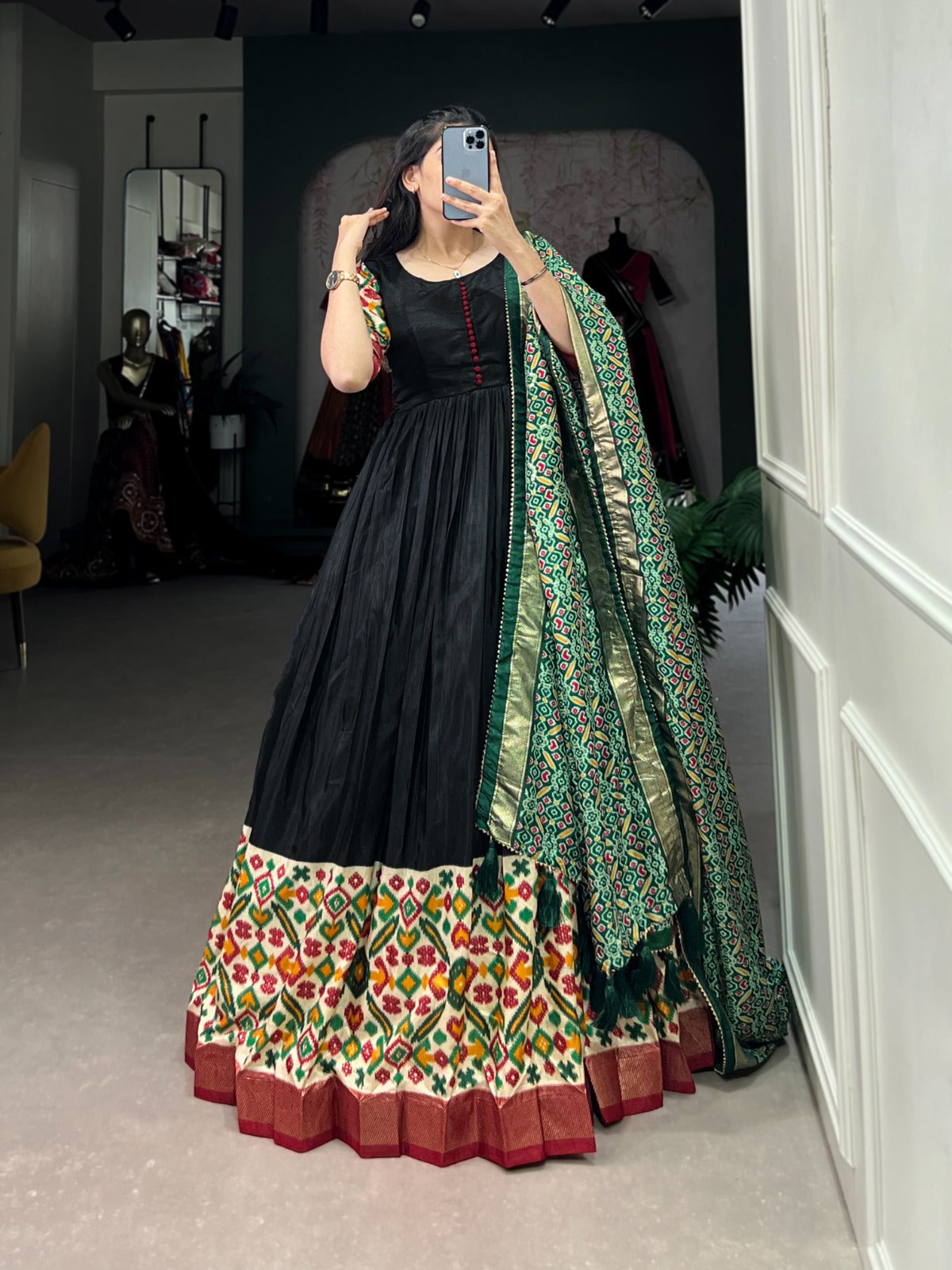 Kudbi's Style Black Patola Gown with dupatta.