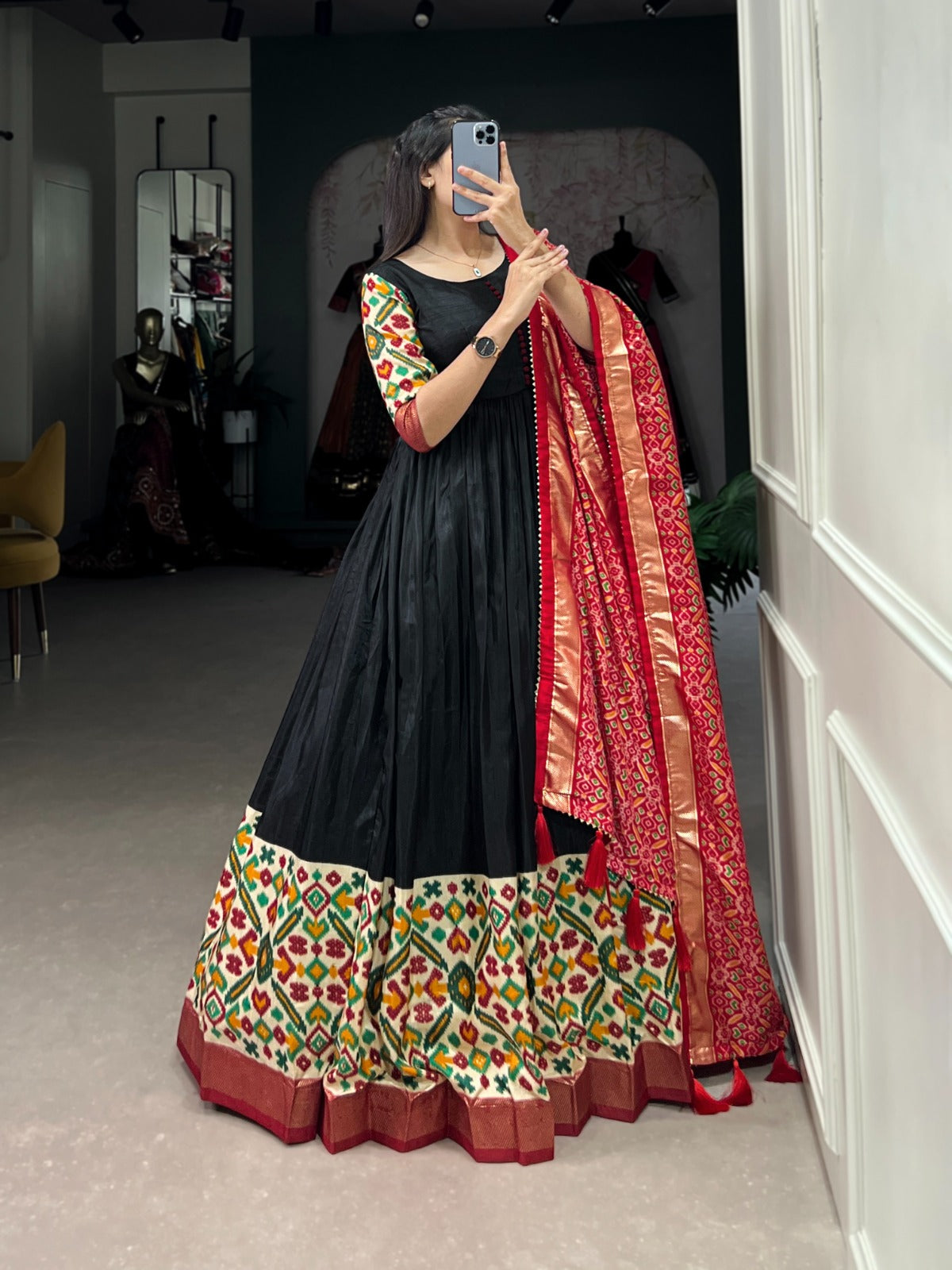 Kudbi's Style Black Patola Gown with dupatta.