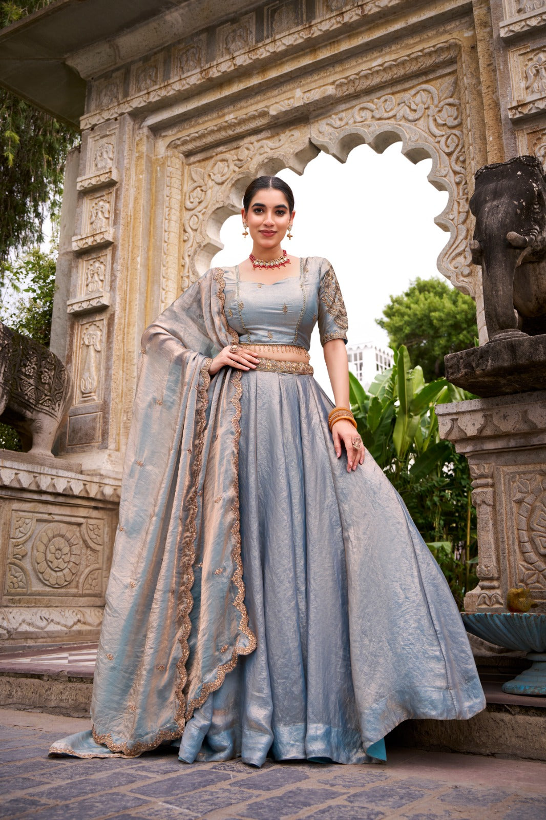 Kudbi Dreamy Pastel Fendi Lehenga Choli Set with Gold Lace and Dupatta