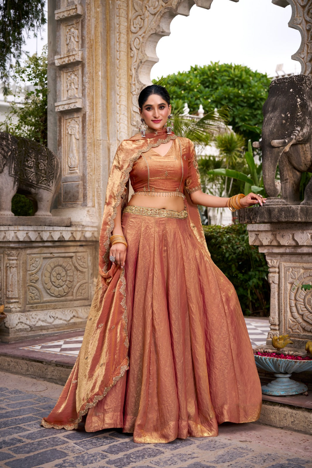 Kudbi Dreamy Pastel Fendi Lehenga Choli Set with Gold Lace and Dupatta
