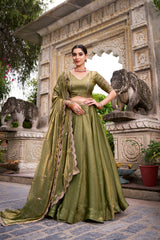 Kudbi Dreamy Pastel Fendi Lehenga Choli Set with Gold Lace and Dupatta