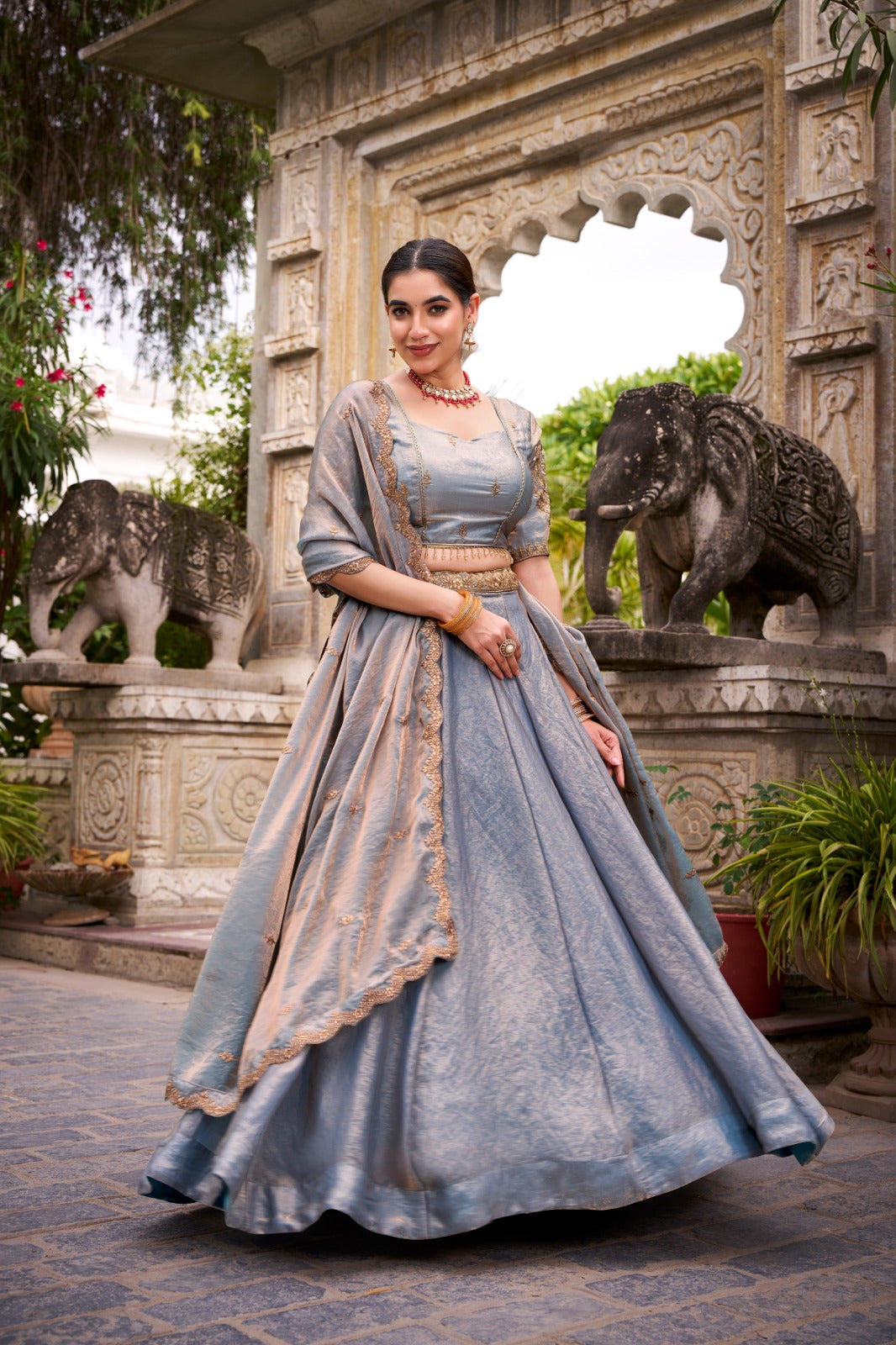 Kudbi Dreamy Pastel Fendi Lehenga Choli Set with Gold Lace and Dupatta