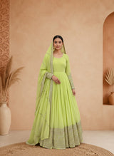Pista Green Fox Georgette Gown with Heavy Sequin Embroidery & Dupatta.