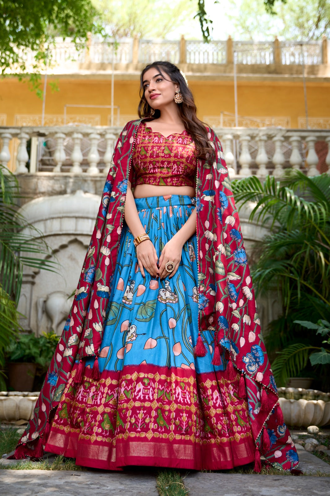 Kudbi's Style Akanksha-2 Kalamkari Tussar silk lengha Choli(semi-stitched).