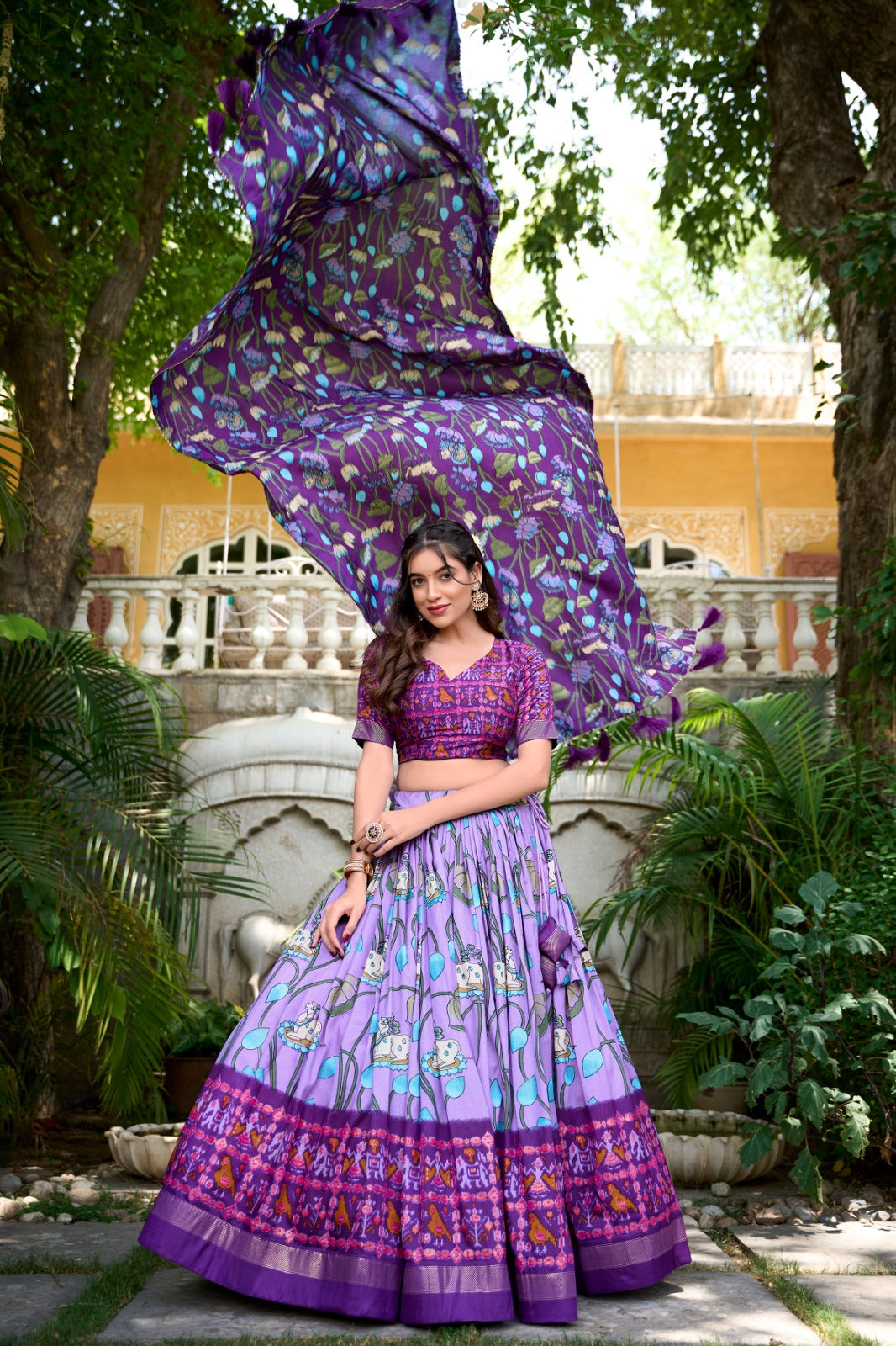 Kudbi's Style Akanksha-2 Kalamkari Tussar silk lengha Choli(semi-stitched).