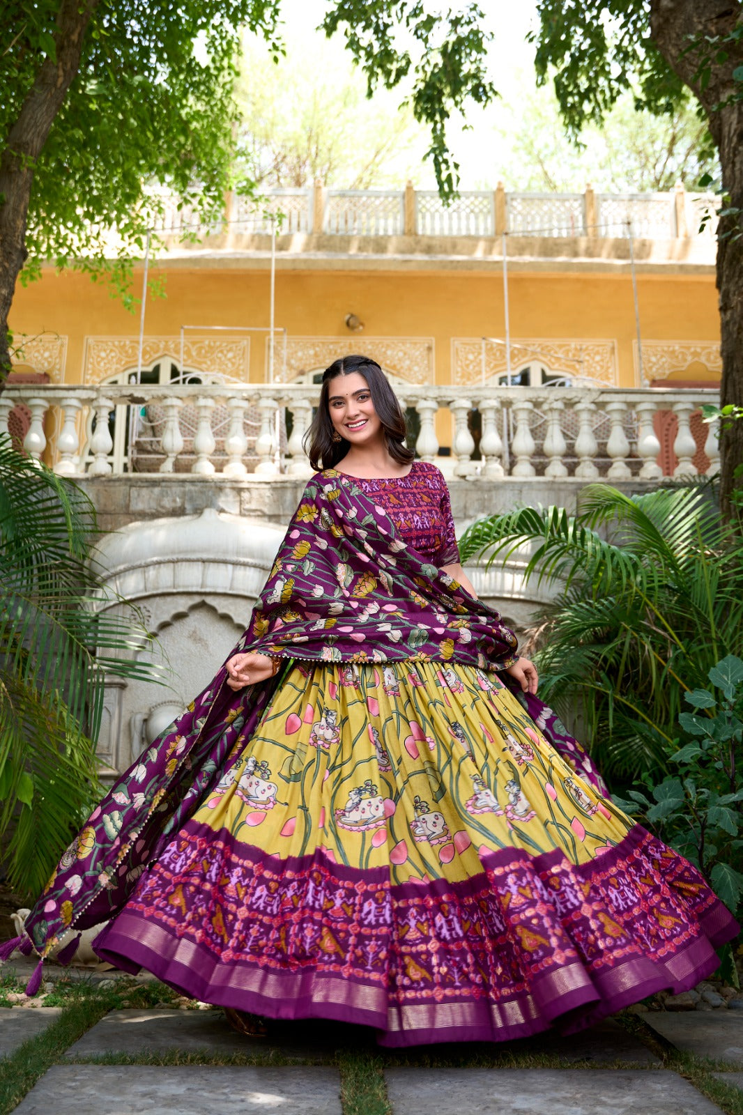 Kudbi's Style Akanksha-2 Kalamkari Tussar silk lengha Choli(semi-stitched).